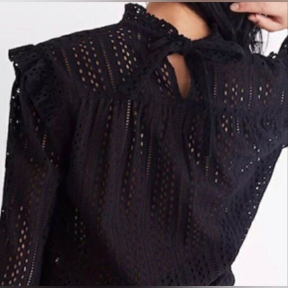 Madewell Mockneck Eyelet Ruffle Long Sleeve Peasant Top Size S Black Fairy Goth - Picture 3 of 11